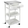 White Kitchen Cart with Storage Drawer and Stainless Steel Top